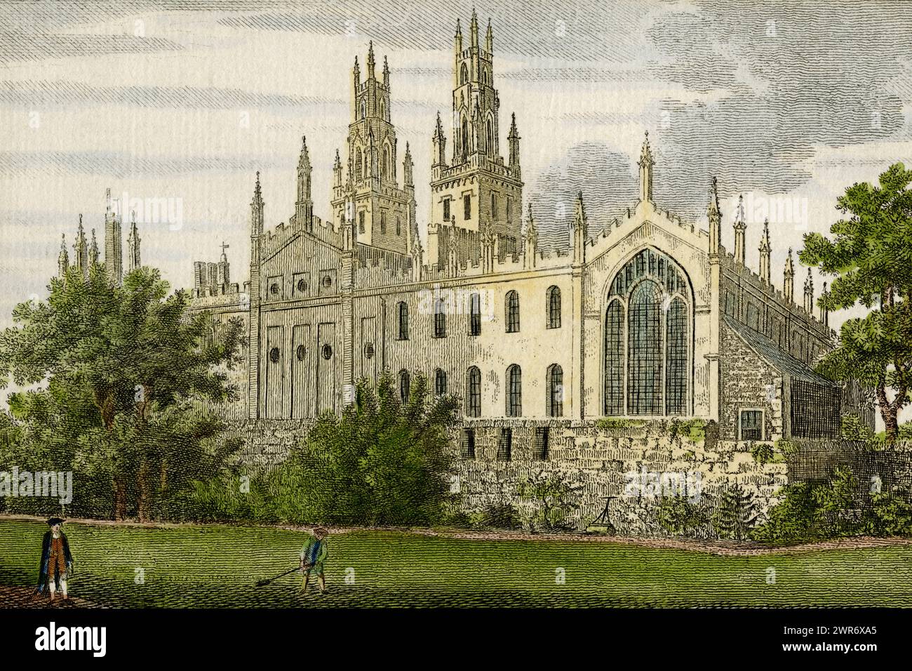 All Souls College, Oxford, Angleterre, fondé en 1438. Les tours jumelles néo-gothiques du collège, qui s’élèvent au-dessus des bâtiments, ont été conçues par l’architecte baroque Nicholas Hawksmoor (v. 1661 - 1736) et ajoutées au début des années 1700 Récolte sans bordure de gravure sur plaque de cuivre, publiée pour la première fois à la fin des années 1700 dans A New Display of the Beauties of England et colorée plus tard à la main. Banque D'Images