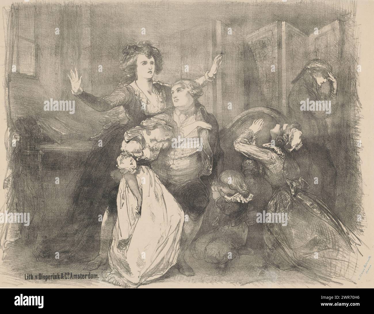 Scène du théâtre Marie Antoinette, annonces de ballets et de pièces jouées au Stadsschouwburg d'Amsterdam (titre de la série), Marie Antoinette, ses enfants et ses deux serviteurs disent au revoir à Louis XVI., imprimeur : Charles Rochussen, imprimeur : Dieperink & Co., imprimeur : pays-Bas, imprimeur : Amsterdam, 1865 - 1868, papier, hauteur 484 mm × largeur 664 mm, impression Banque D'Images