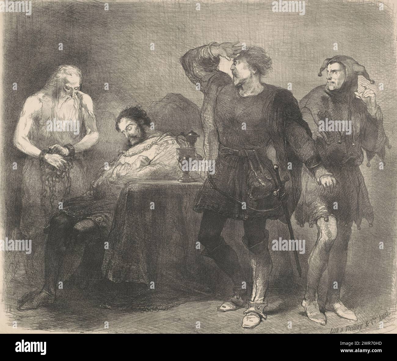 Scène du drame scénique The Ghost, annonces de ballets et pièces jouées au Stadsschouwburg d'Amsterdam (titre de la série), Un vieil homme enchaîné apparaît à côté d'un prince qui s'est endormi. A droite, un chevalier et un bouffon regardent l'apparition dans l'horreur., imprimeur : Charles Rochussen, imprimeur : Tresling & Comp., imprimeur : pays-Bas, imprimeur : Amsterdam, 1865 - 1868, papier, hauteur 566 mm × largeur 689 mm, impression Banque D'Images