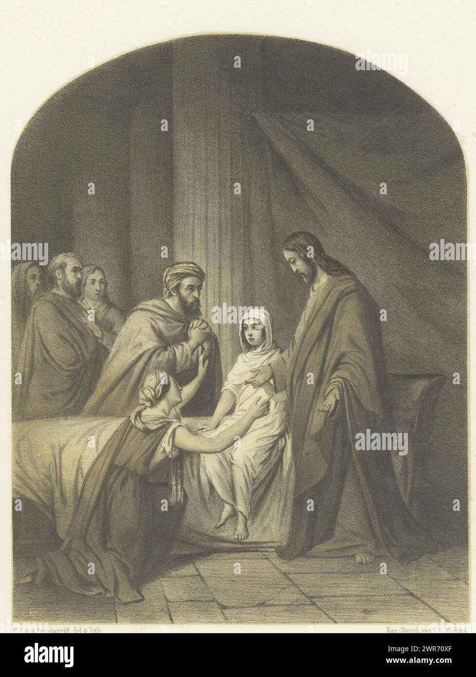 Résurrection de la fille de Jairus, la fille est assise dans le lit, Jésus se tient à sa droite. Jarius et sa femme sont en extase. Trois apôtres à gauche., imprimeur : Petrus Theodorus van Wijngaerdt, d'après son propre dessin par : Petrus Theodorus van Wijngaerdt, imprimeur : Koninklijke Nederlandse Steendrukkerij van C.W. Mieling, la Haye, 1847 - 1849, papier, hauteur 425 mm × largeur 310 mm, impression Banque D'Images Résurrection de la fille de Jairus, la fille est assise dans le lit, Jésus se tient à sa droite. Jarius et sa femme sont en extase. Trois apôtres à gauche., imprimeur : Petrus Theodorus van Wijngaerdt, d'après son propre dessin par : Petrus Theodorus van Wijngaerdt, imprimeur : Koninklijke Nederlandse Steendrukkerij van C.W. Mieling, la Haye, 1847 - 1849, papier, hauteur 425 mm × largeur 310 mm, impression Banque D'Images