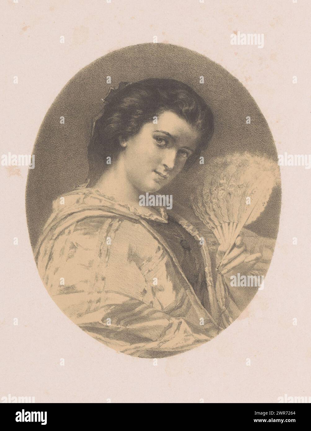 Femme avec ventilateur, la femme est assise tournée vers la droite et a la tête légèrement courbée. Elle tient un éventail dans sa main gauche., imprimeur : Hendrik Adriaan Christiaan Dekker, après avoir peint par : J.W. Martens, imprimeur : Koninklijke Nederlandse Steendrukkerij van C.W. Mieling, imprimeur : Amsterdam, imprimeur : la Haye, 1846 - 1892, papier, hauteur 357 mm × largeur 270 mm, impression Banque D'Images Femme avec ventilateur, la femme est assise tournée vers la droite et a la tête légèrement courbée. Elle tient un éventail dans sa main gauche., imprimeur : Hendrik Adriaan Christiaan Dekker, après avoir peint par : J.W. Martens, imprimeur : Koninklijke Nederlandse Steendrukkerij van C.W. Mieling, imprimeur : Amsterdam, imprimeur : la Haye, 1846 - 1892, papier, hauteur 357 mm × largeur 270 mm, impression Banque D'Images