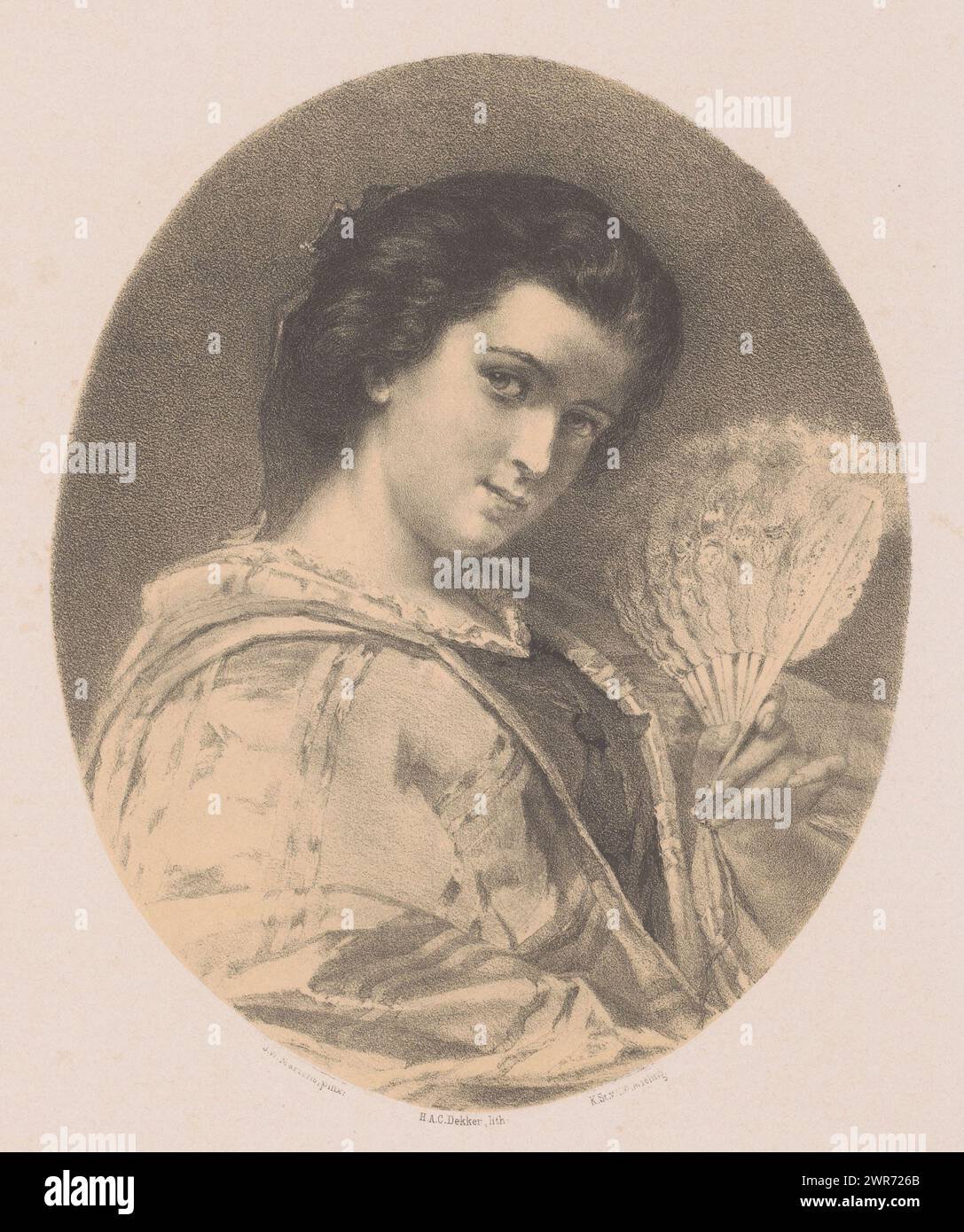 Femme avec ventilateur, la femme est assise tournée vers la droite et a la tête légèrement courbée. Elle tient un éventail dans sa main gauche., imprimeur : Hendrik Adriaan Christiaan Dekker, après peinture par : J.W. Martens, imprimeur : Koninklijke Nederlandse Steendrukkerij van C.W. Mieling, la Haye, 1846 - 1892, papier, hauteur 360 mm × largeur 270 mm, impression Banque D'Images Femme avec ventilateur, la femme est assise tournée vers la droite et a la tête légèrement courbée. Elle tient un éventail dans sa main gauche., imprimeur : Hendrik Adriaan Christiaan Dekker, après peinture par : J.W. Martens, imprimeur : Koninklijke Nederlandse Steendrukkerij van C.W. Mieling, la Haye, 1846 - 1892, papier, hauteur 360 mm × largeur 270 mm, impression Banque D'Images