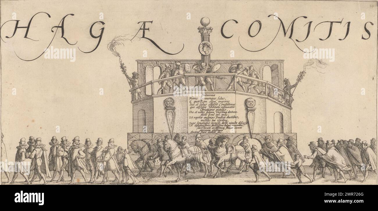 Procession passe devant une scène avec des acteurs lors de l'entrée de Robert Dudley à la Haye, le 6 janvier 1586, [...] Hagae Comitis [...] (Titre sur objet), douze estampes avec l'entrée de Robert Dudley à la Haye, 1586 (titre de la série), numérotées en bas à gauche : 10., imprimeur : Jacob Savery (I), pays-Bas du Nord, 1586, papier, gravure, hauteur 159 mm × largeur 321 mm, impression Banque D'Images