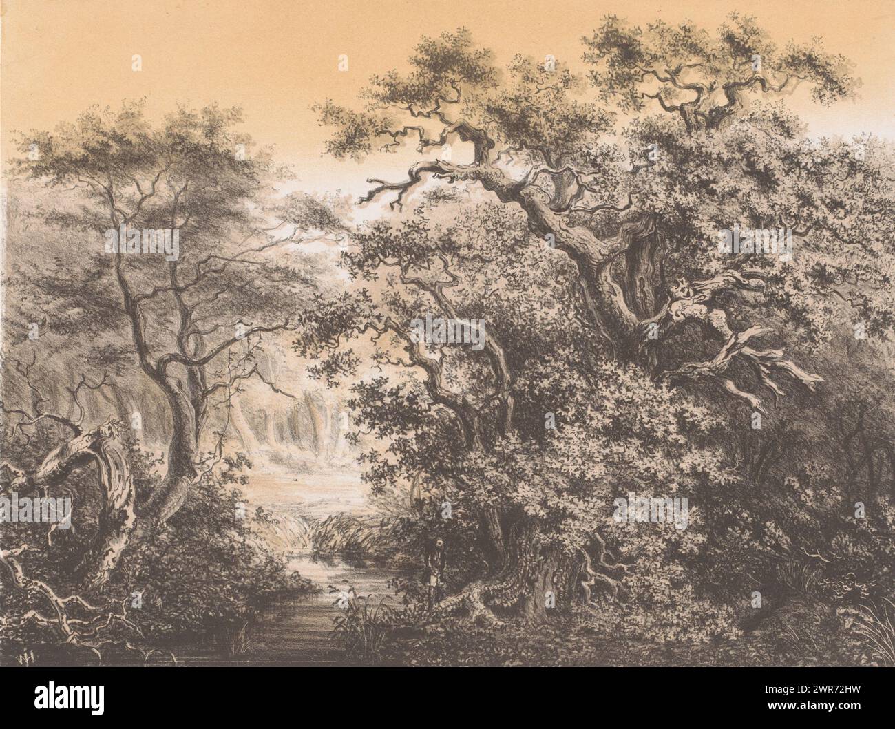 Paysage avec exil, la figure se dresse dans un paysage boisé près d'une rivière., imprimeur : Willem Jacob Hofdijk, pays-Bas, 1849 - 1859, papier, hauteur 200 mm × largeur 265 mm, impression Banque D'Images