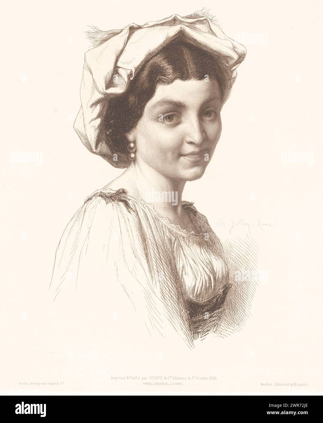 Portrait d'une femme italienne, Nunziatina (titre sur objet), portraits de femmes italiennes (titre de la série), imprimeur : Charles Alphonse Paul Bellay, imprimeur : Goupil & Cie., éditeur : Goupil & Cie., imprimeur : Rome, imprimeur : Paris, éditeur : Paris, éditeur : New York, 1-Oct-1869, papier, gravure, hauteur 351 mm × largeur 289 mm, impression Banque D'Images