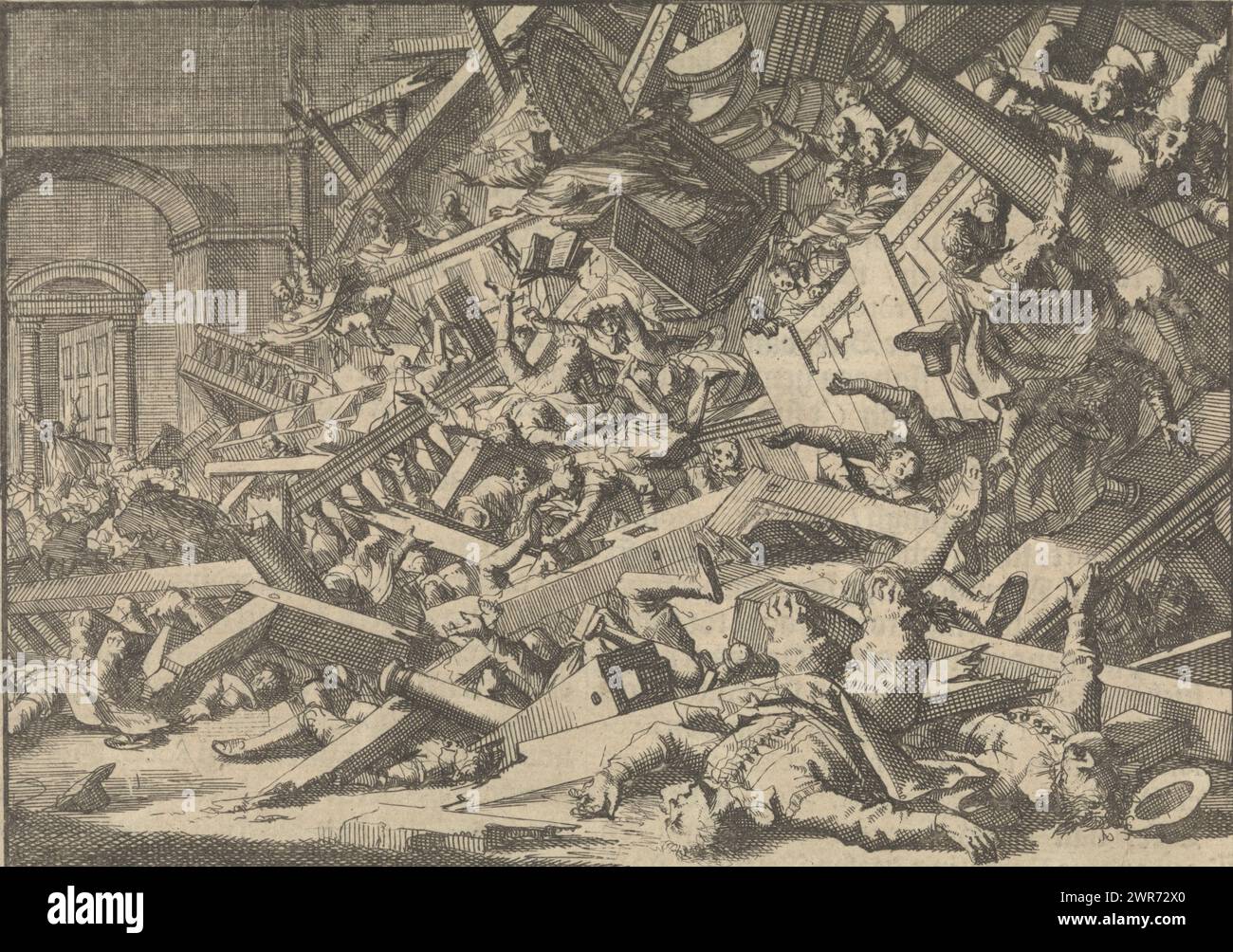 Galerie effondrée lors d'un service religieux catholique dans la maison de l'envoyé espagnol à Londres, 1623, imprimeur : Jan Luyken, éditeur : Pieter van der AA (I), imprimeur : Amsterdam, éditeur : Leiden, 1698, papier, gravure, typographie, hauteur 110 mm × largeur 152 mm, impression Banque D'Images