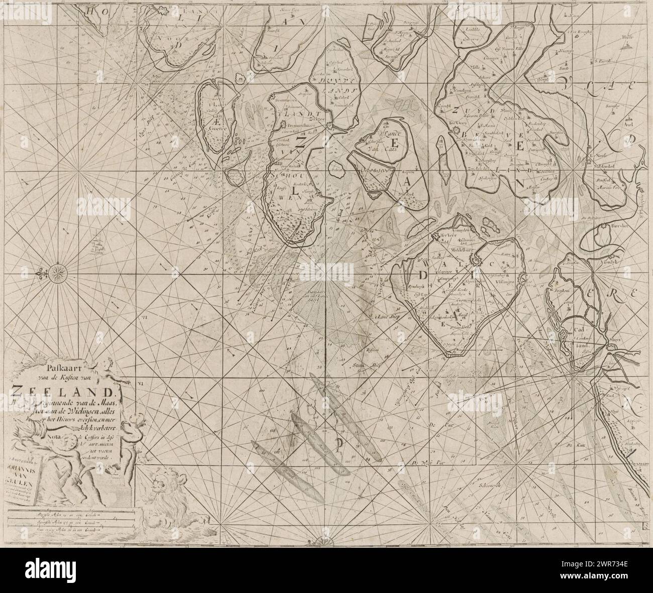 Carte de passage des îles Zeeland et une partie de la mer du Nord, carte de passage des côtes de Zeeland. A partir de la Maas, jusqu'à la Wielingen. Tout sur les nouvelles, et sensiblement amélioré (titre sur l'objet), carte de passage des îles Zeeland et une partie de la mer du Nord, avec deux roses de boussole, le Nord est sur la gauche. En bas à gauche un cartouche avec le titre, l'adresse de l'éditeur et l'échelle, en allemand, espagnol et anglais ou français miles (échelle : c. 1:170,000). Ces détails comprennent un putti, une femme avec une couronne d'échevin et un lion., imprimeur : anonyme Banque D'Images