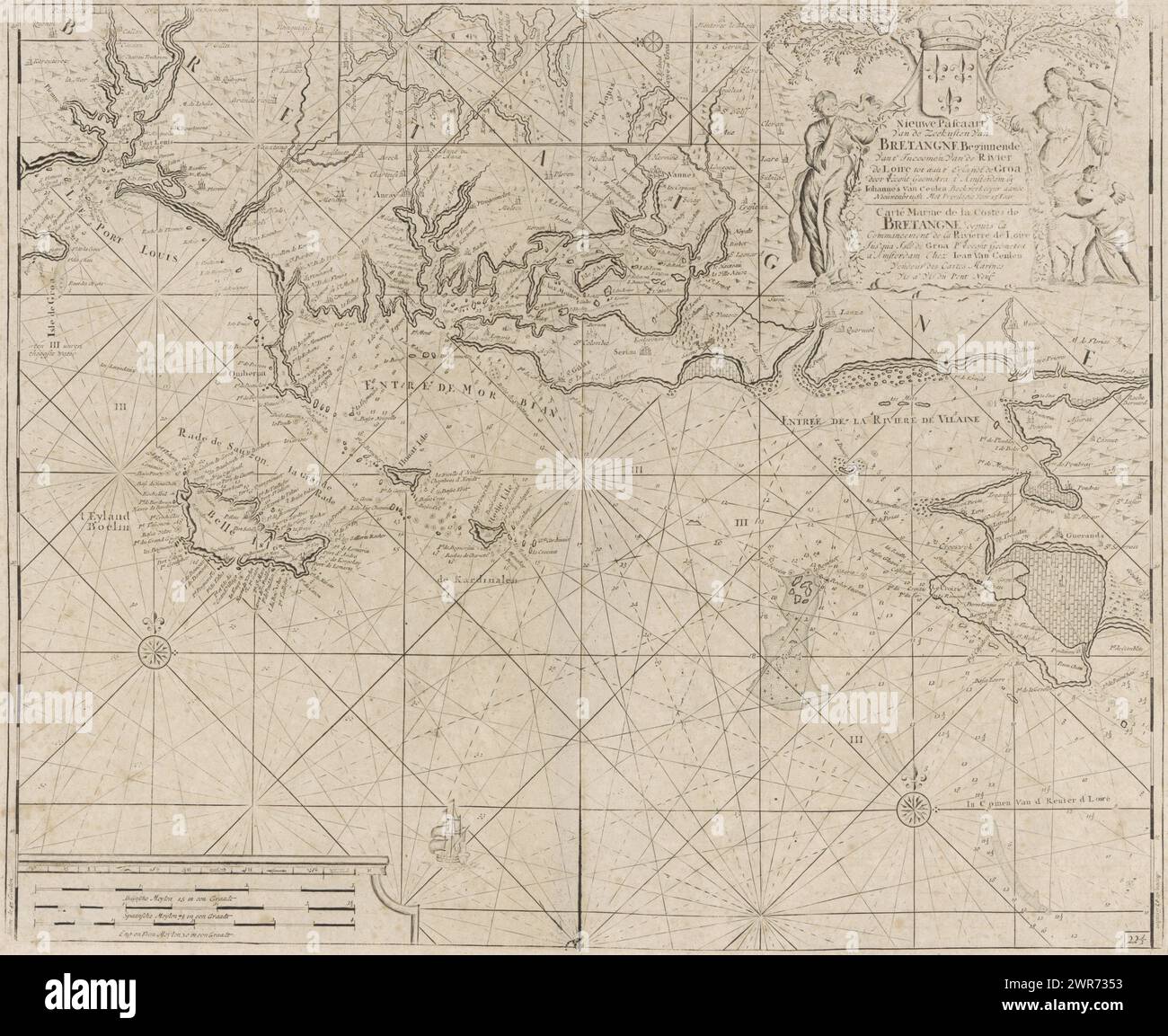 Carte de la côte de France entre l'île de Groix et la commune de la Baule-Escoublac, Nieuwe Pascaart depuis les côtes de la mer de Bretagne à partir de t' Incomand de la Loire jusqu'à t' Eylandt de Groa / carte Marine de la Costes de Bretagne depuis la commande de la Rivierre de Loire jus'qua Isle de Groa (titre sur objet), carte de passage de la côte de France de l'île bretonne de Groix à la commune de la Baule-Escoublac dans la région des pays de la Loire, avec belle-Île-en-mer, la plus grande île bretonne de l'océan Atlantique. Avec trois roses de boussole Banque D'Images