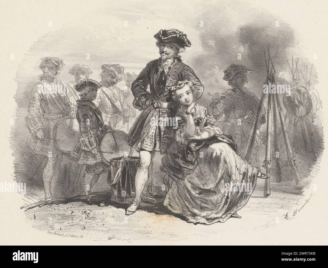 Jeune femme assise et homme debout avec batteurs et tireurs, imprimeur : Adolphe Mouilleron, imprimeur : Victor Jacques Bertauts, Paris, 1830 - 1851, papier, hauteur 277 mm × largeur 358 mm, tirage Banque D'Images