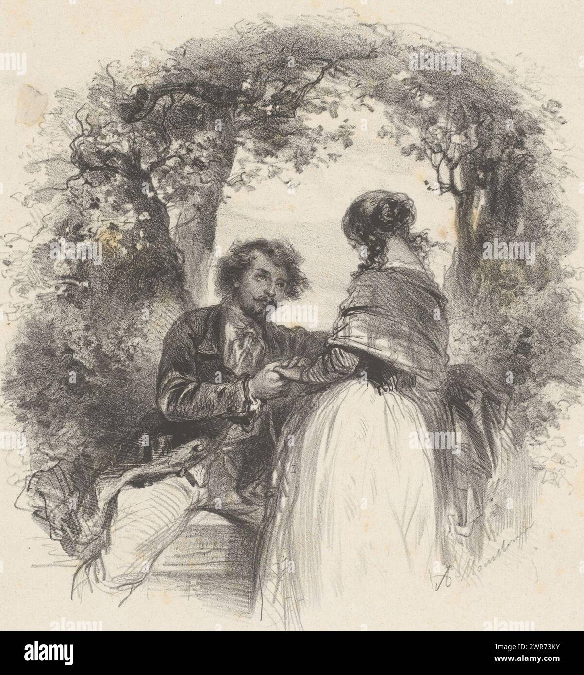 Couple amoureux dans un jardin, imprimeur : Adolphe Mouilleron, 1830 - 1881, papier, hauteur 357 mm × largeur 274 mm, impression Banque D'Images