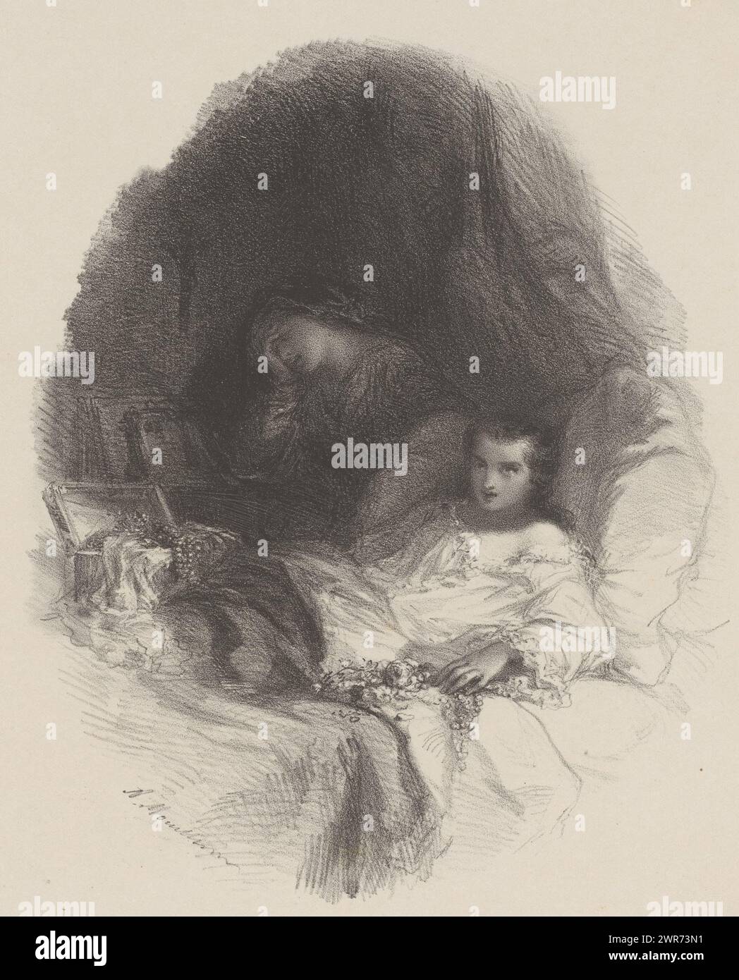 Enfant en chemise de nuit blanche au lit, imprimeur : Adolphe Mouilleron, 1830 - 1881, papier, hauteur 357 mm × largeur 278 mm, tirage Banque D'Images