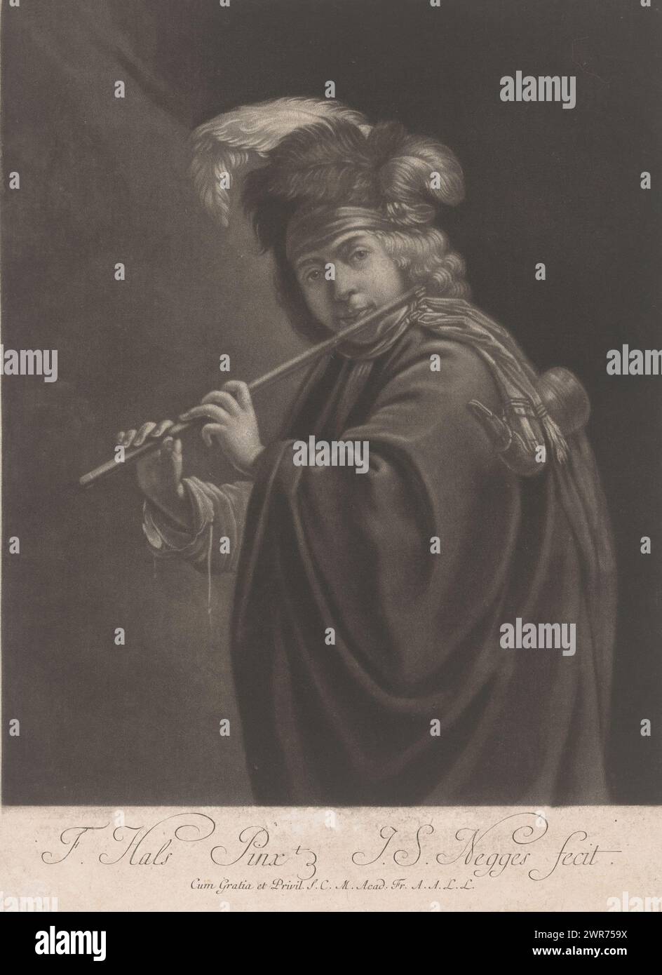 Jeune homme jouant de la flûte, imprimeur : Johann Simon Negges, après peinture par : Frans Hals, (possiblement), 1736 - 1792, papier, hauteur 348 mm × largeur 251 mm, impression Banque D'Images