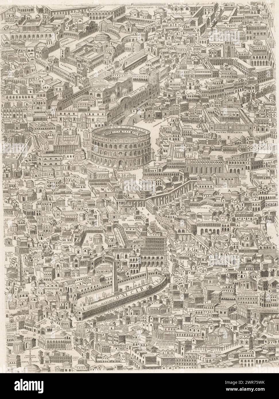 Carte de Rome à l'époque romaine (septième partie), image Anteiquae urbis, justatissime ex vetusteis monumenteis formata (titre sur l'objet), septième partie d'une carte de Rome à l'époque romaine, vue à vol d'oiseau, composée de douze parties. Numéroté en haut à droite : 7., imprimeur : anonyme, éditeur : Carlo Losi, Rome, 1773, papier, gravure, gravure, hauteur 496 mm × largeur 371 mm, impression Banque D'Images