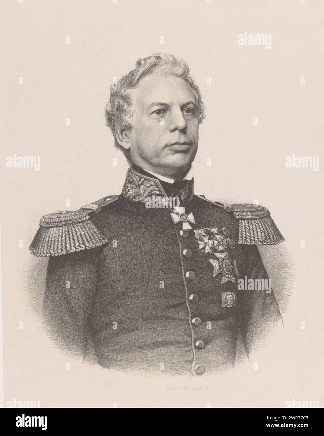 Portrait d'un général, Portrait d'un général avec croix de chevalier et médaille de 1830., imprimeur : anonyme, imprimeur : Jan Dam Steuerwald, pays-Bas, 1830 - 1863, papier, hauteur 566 mm × largeur 440 mm, tirage Banque D'Images