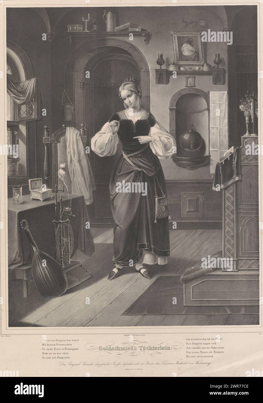 Intérieur avec femme avec bague à la main, Töchterlein de Goldschmied (titre sur l'objet), fille de Goldsmith (titre de la série), représentation tirée de l'œuvre 'Goldschmieds Töchterlein' de Ludwig Uhland., imprimeur : Johann Sprick, après peinture par : Wilhelm Nerenz, imprimeur: Königliches Lithographisches Institut, Berlin, 1818 - 1837, papier, hauteur 660 mm × largeur 512 mm, impression Banque D'Images