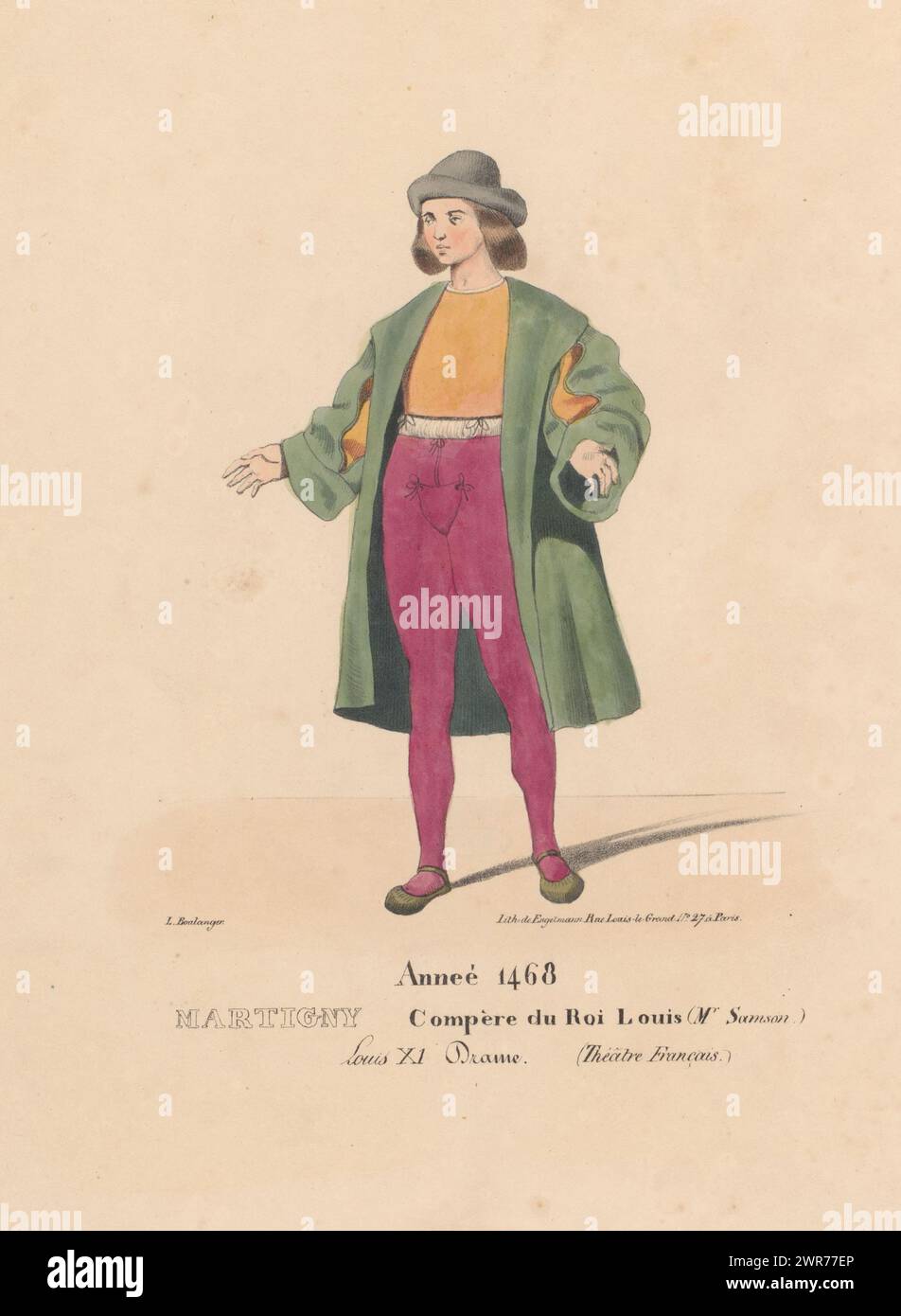 Costume de Martigny, assistant de Louis XI de France, tiré du drame Louis J. Alaux et L. Duponchel d'après dessins manuscrits de la Bibliothèque de la Comédie-française (titre de la série), imprimeur : Louis Boulanger, après design par : Henri Duponchel, après design par : Jean Alaux, Paris, 1826, papier, hauteur 347 mm × largeur 267 mm, impression Banque D'Images