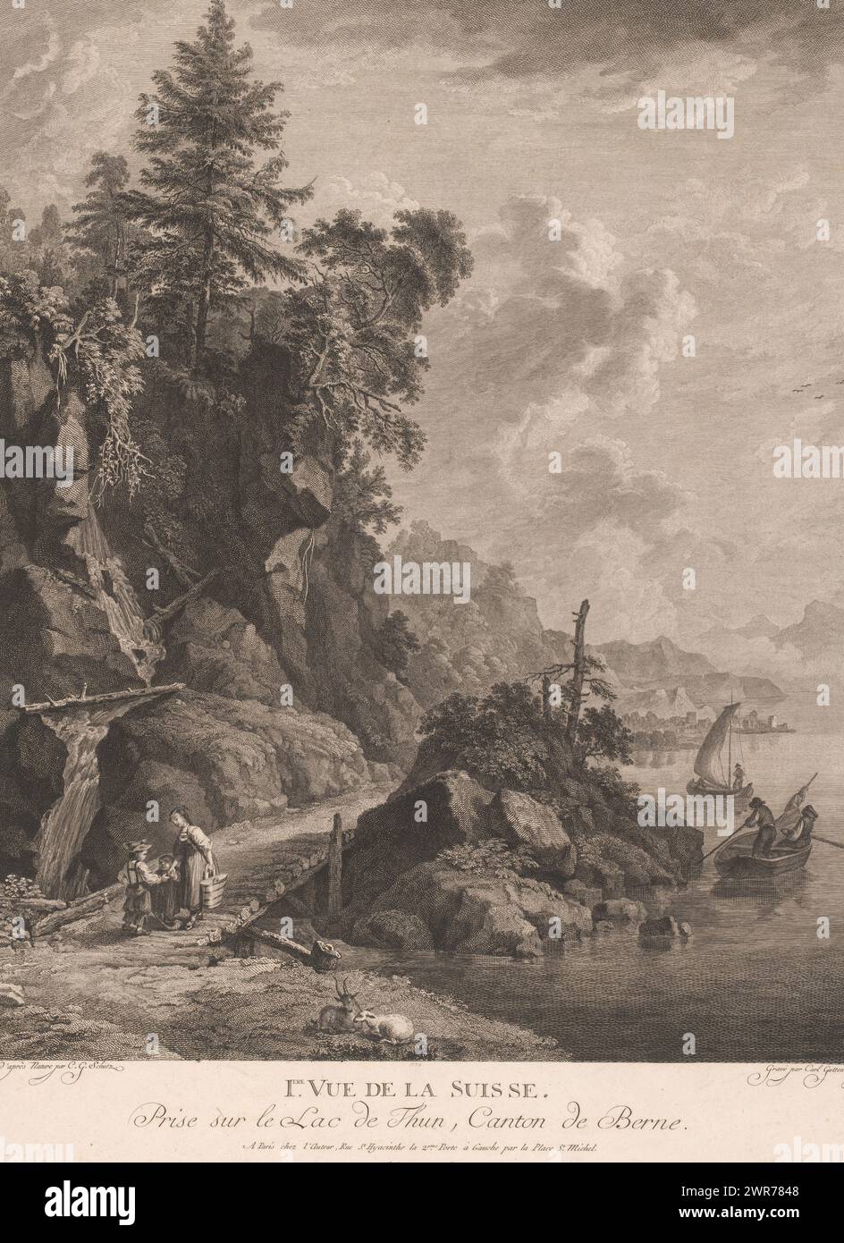 Vue du lac à Thoune en Suisse, premier vue de la Suisse (titre sur objet), imprimeur : Carl Gottlieb Guttenberg, après peinture par : Christian Georg Schütz (I), après peinture par : Christian Georg Schütz (II), 1753 - 1790, papier, gravure, hauteur 499 mm × largeur 389 mm, impression Banque D'Images