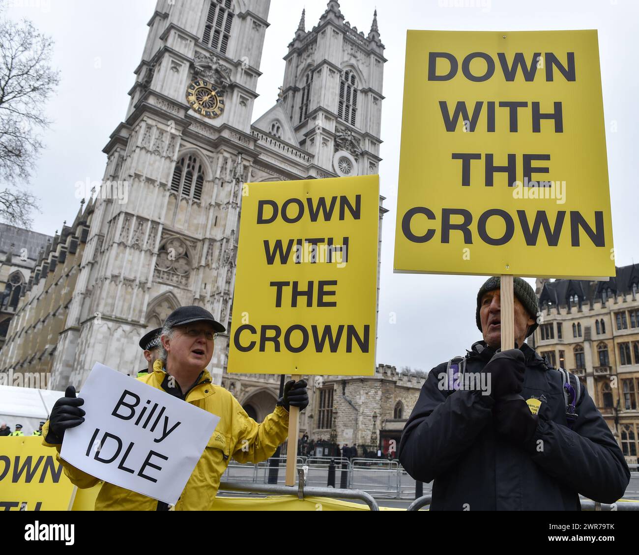 Londres, Angleterre, Royaume-Uni. 11 mars 2024. Le groupe anti-monarchique Republic a organisé une manifestation devant l'abbaye de Westminster pour le service du Commonwealth Day. (Crédit image : © Thomas Krych/ZUMA Press Wire) USAGE ÉDITORIAL SEULEMENT! Non destiné à UN USAGE commercial ! Banque D'Images