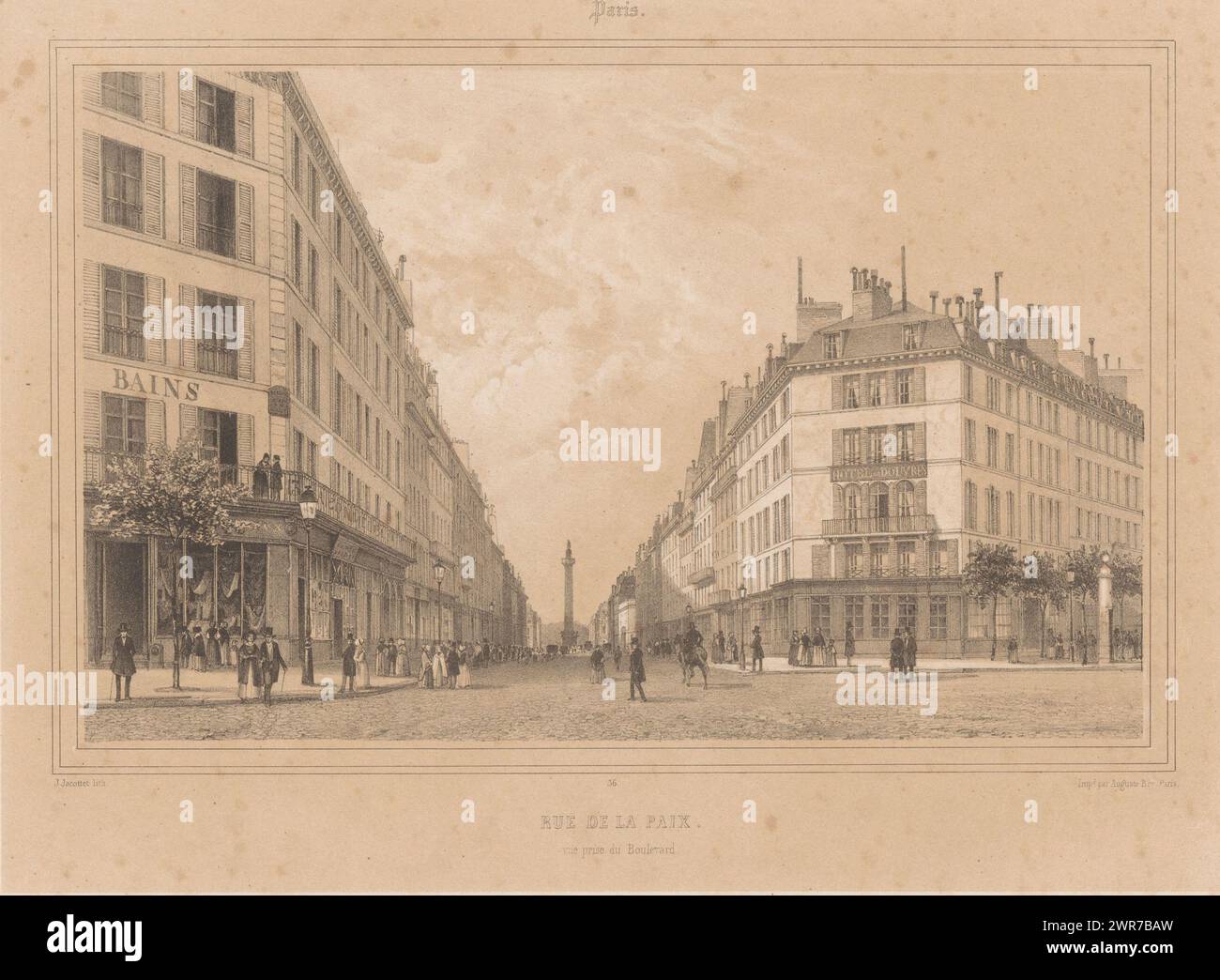 Vue de la rue de la paix à Paris, rue de la paix, vue prix du Boulevard (titre sur objet), vues dans et autour de Paris (titre de la série), Paris (titre de la série sur objet), imprimeur : Louis-Julien Jacottet, imprimeur : Auguste Bry, éditeur : Gihaut frères, Paris, 1838, papier, hauteur 307 mm × largeur 451 mm, impression Banque D'Images