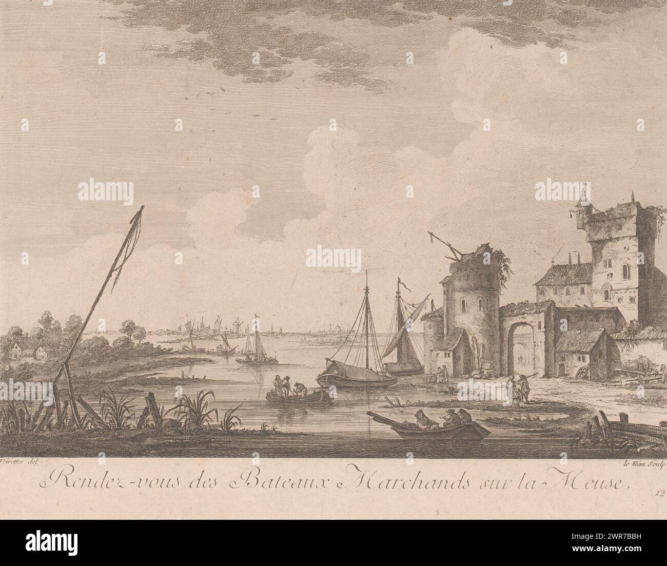 Vue d'un port sur la Meuse, rendez-vous des bateaux marchands sur la Meuse (titre sur objet), numéroté en bas à droite : 12., imprimeur : Jean Jacques André le veau, après dessin par : Franz Edmund Weirotter, 1740 - 1786, papier, gravure, hauteur 207 mm × largeur 270 mm, tirage Banque D'Images