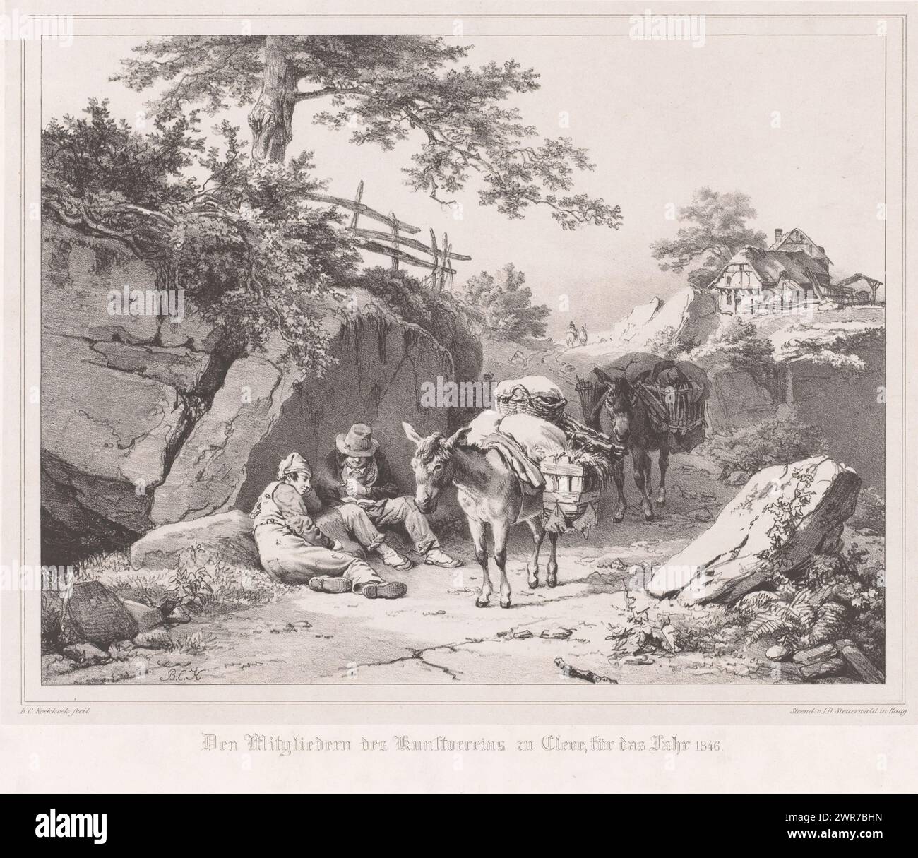 Deux hommes au repos avec leurs ânes, Den Mitgliedern des Kunstvereins zu Cleve, für das Jahr 1846 (titre sur objet), les hommes sont assis sur le bord de la route. Plus loin dans une ferme., imprimeur : Barend Cornelis Koekkoek, imprimeur : Jan Dam Steuerwald, imprimeur : Cleves, imprimeur : la Haye, 1846, papier, hauteur 410 mm × largeur 520 mm, impression Banque D'Images