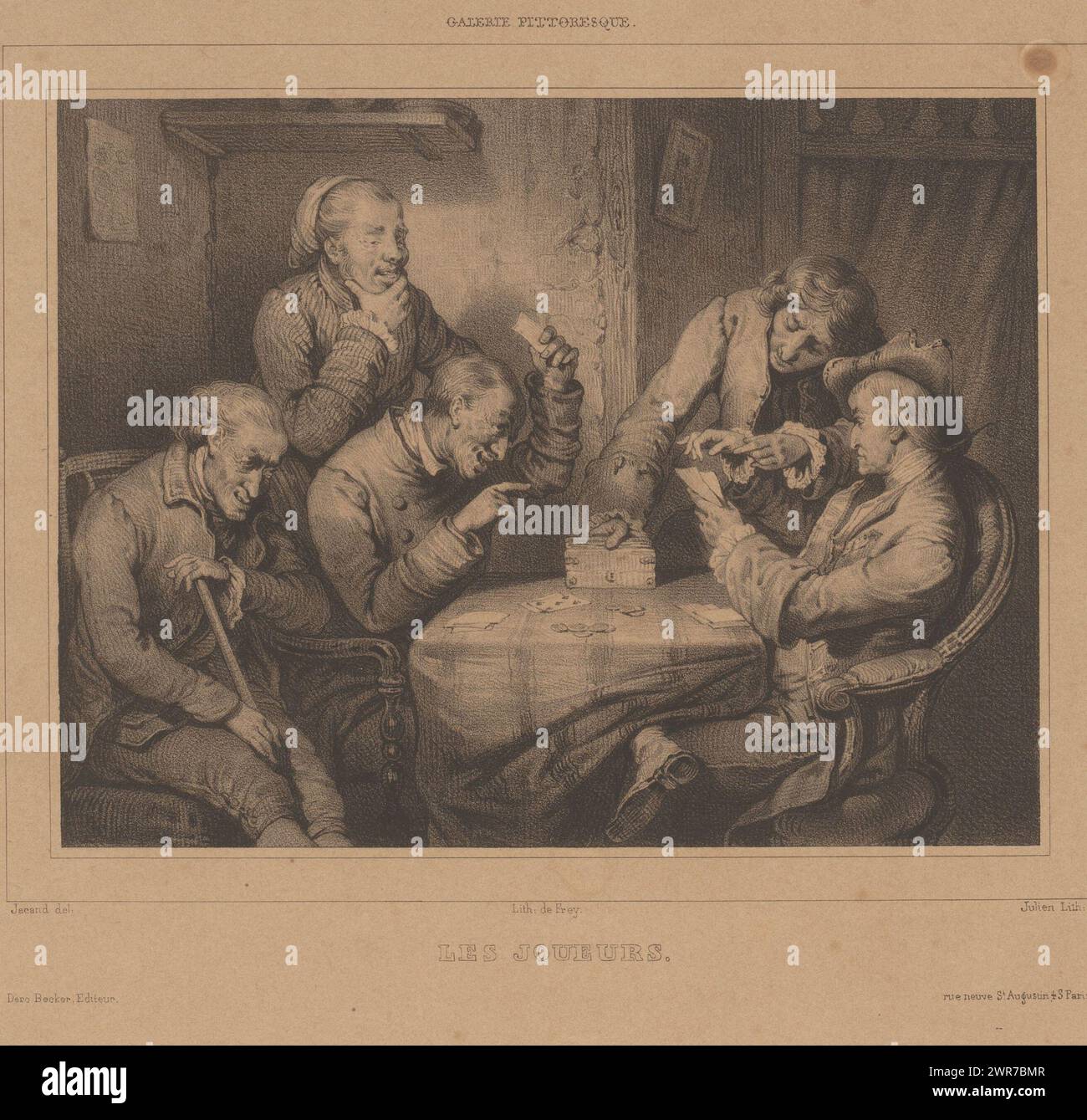 Joueurs de cartes dans un intérieur, les joueurs (titre sur objet), scènes pittoresques (titre de la série), Galerie pittoresque (titre de la série sur objet), imprimeur : Bernard Romain Julien, après design par : Jacand, imprimeur : Georges Jean Frey, Paris, v. 1845, papier, hauteur 234 mm × largeur 288 mm, imprimé Banque D'Images