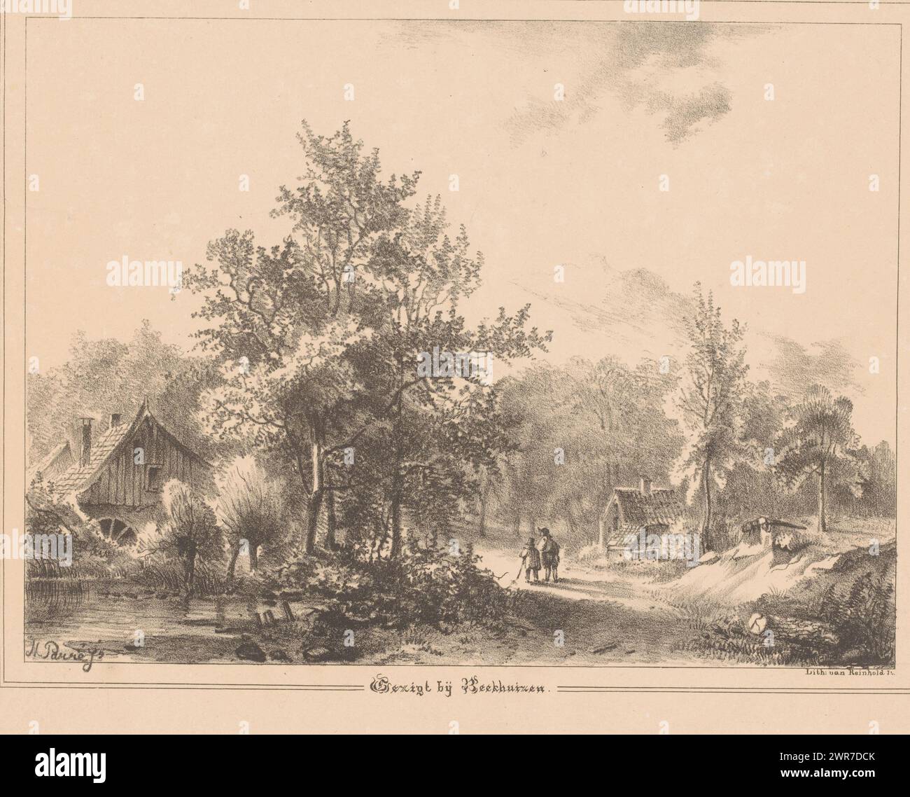 Paysage avec flaque d'eau et maisons, vue près de Beekhuizen (titre sur l'objet), deux personnages marchent sur un sentier dans un paysage avec une flaque d'eau à gauche. Près du lac une maison avec une roue à eau. Une deuxième maison à droite., imprimeur : Matthias Parré, après conception par : Matthias Parré, imprimeur : Reinhold jr., Amsterdam, 1821 - 1849, papier, hauteur 269 mm × largeur 375 mm, impression Banque D'Images