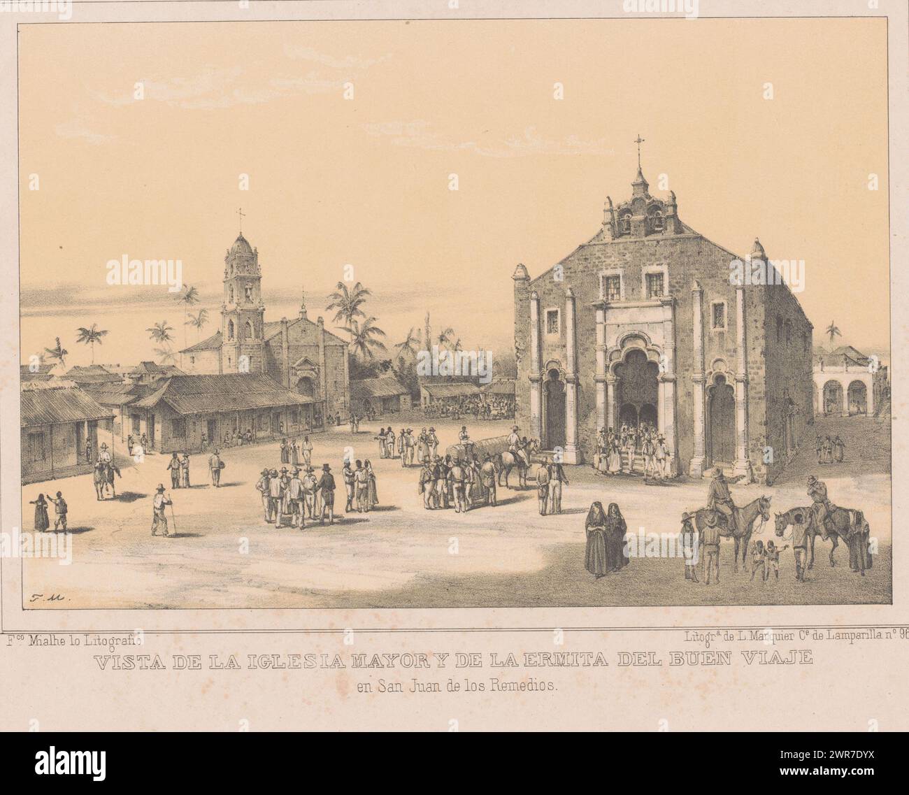 Vue de l'église de Remedios, Vista de la iglesia Mayor de la ermita del buen viaje, et San Juan de los Remedios (titre sur objet), l'île de Cuba (titre de la série), Isla de Cuba (titre de la série sur objet), imprimeur : Frédéric Mialhe, imprimeur : L. Marquier, Cuba, c. 1848, papier, hauteur 277 mm × largeur 361 mm, impression Banque D'Images
