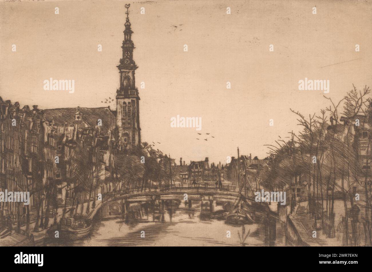 Vue du Westertoren, à Amsterdam, imprimeur : Henri Wouters, 1876 - 1907, papier, gravure, hauteur 157 mm × largeur 238 mm, impression Banque D'Images