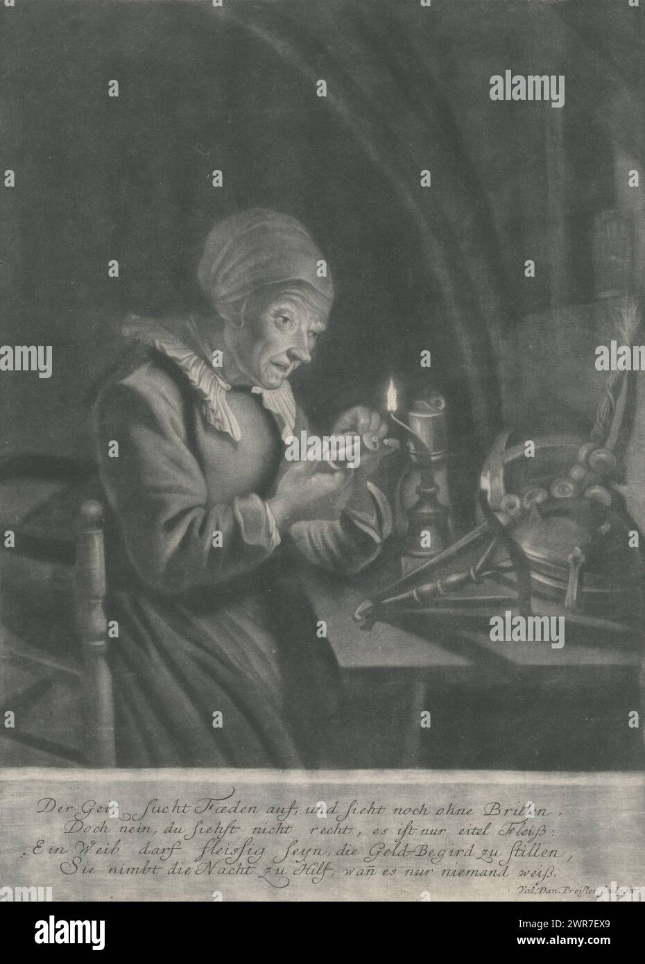 Maid Works à la bougie, avec légende en allemand., imprimeur : Valentin Daniel Preissler, 1727 - 1765, papier, hauteur 358 mm × largeur 259 mm, impression Banque D'Images