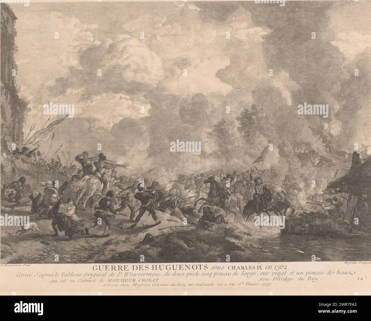 Bataille de Charles IX en 1562 contre les Huguenots, Guerre des Huguenots sous Charles IX en 1562 (titre sur objet), estampes d'après peintures de Philips Wouwerman (titre de la série), œuvres de Ph.pe Wouwermans Hollandois (titre de la série), numérotées en haut à droite : A., imprimeur : Jean Moyreau, d'après peinture de Philips Wouwerman, éditeur : Jean Moyreau, éditeur : Paris, France, 1737 et/ou c. 1733 - 1762, papier, gravure, hauteur 363 mm × largeur 474 mm, tirage Banque D'Images