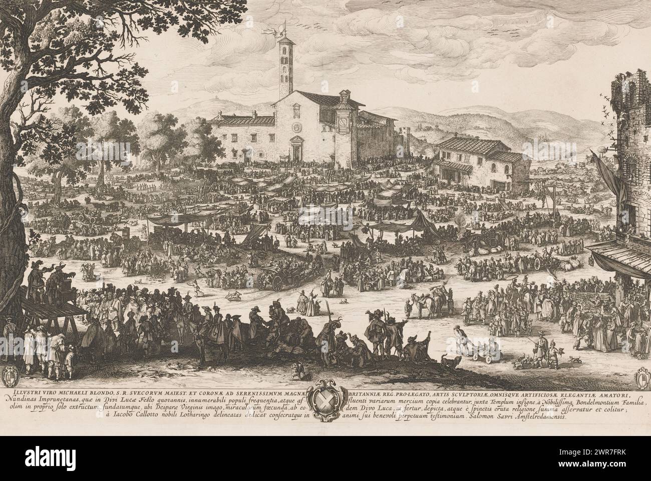 Foire annuelle à Impruneta près de Florence, foire annuelle le 18 octobre à Impruneta, un village près de Florence : une grande foule de stands, commerçants et visiteurs sur une place devant une église. En bas à droite les armoiries de l'église Santa Maria à Impruneta, en bas à gauche les armoiries de la famille Buondelmonti (qui a fondé l'église), en bas au centre les armoiries de Michael Blondo. En dessous de la scène est une légende de quatre lignes avec une dédicace en latin., imprimeur : Salomon Savery, après impression par : Jacques Callot, Salomon Savery, Amsterdam, dans ou après 1620 - 1683, papier, gravure Banque D'Images