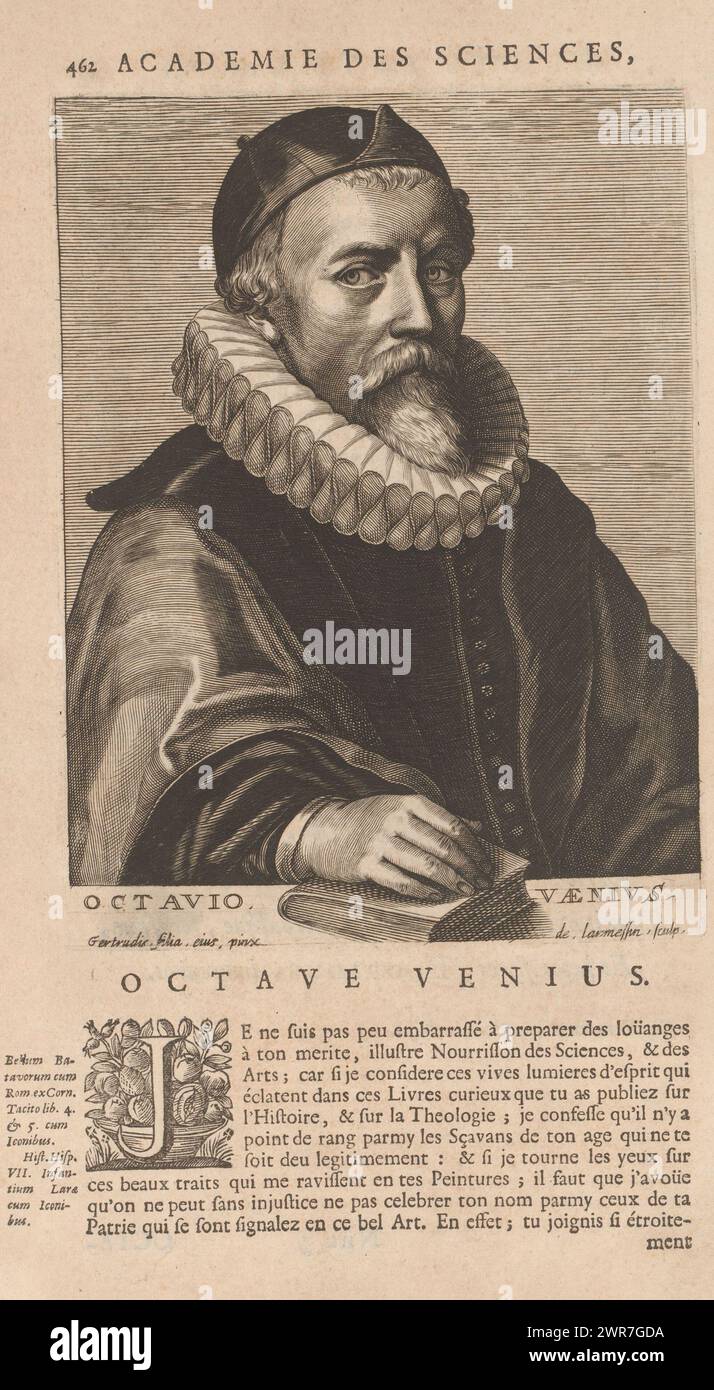 Portrait d'Otto van Veen, Octavio Vaenius (titre sur objet), imprimeur : Nicolas de Larmessin (I), d'après la peinture de : Gertruida van Veen, éditeur : François Foppens, Bruxelles, 1682, papier, gravure, typographie, hauteur 187 mm × largeur 140 mm, impression Banque D'Images