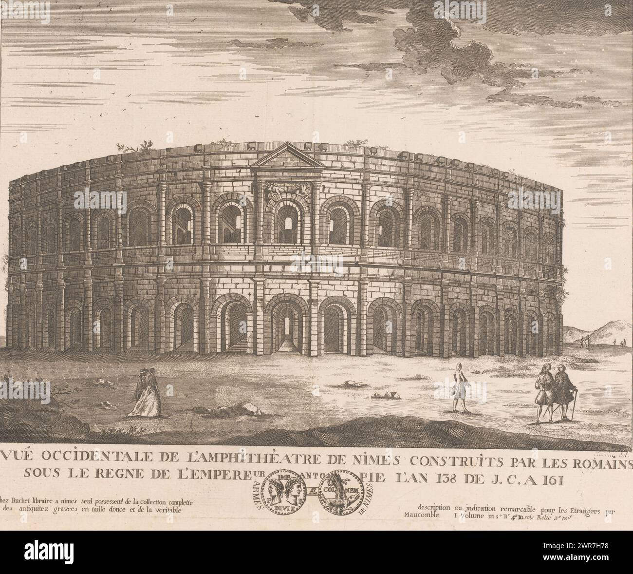 Vue des Arènes de Nîmes, Collection des plus beaux monuments romains existant dans la ville de Nîmes (titre de la série), vues des ruines romaines de Nîmes (titre de la série), imprimeur : Jean Baptiste Antoine Guibert, (éventuellement), après dessin par : Jean Baptiste Antoine Guibert, éditeur : Buchet, imprimeur: France, après dessin par : France, éditeur : Nîmes, 1786, papier, gravure, hauteur 331 mm × largeur 410 mm, impression Banque D'Images