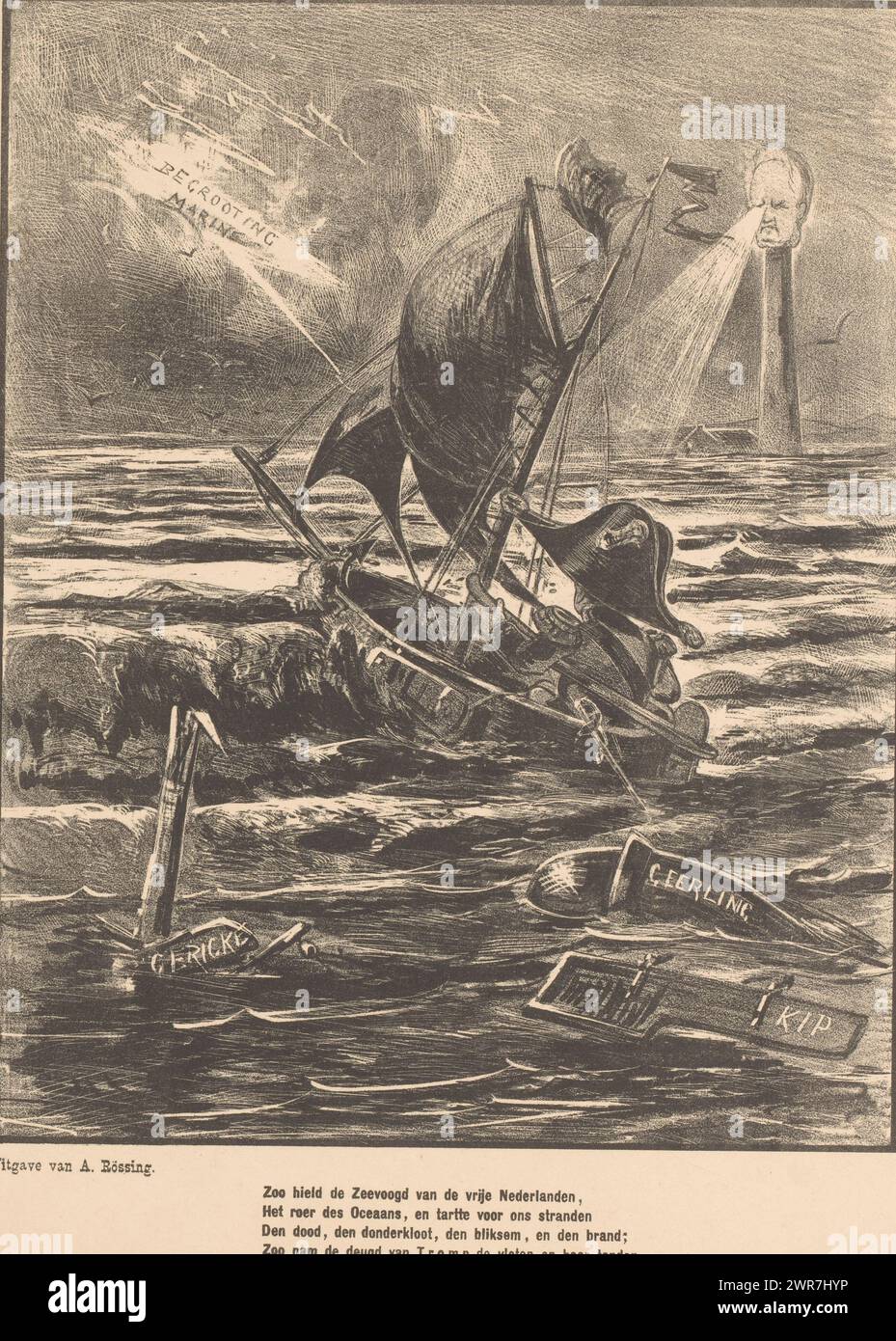 Caricature avec un bateau en mer par temps orageux, Tromp navigue (titre sur l'objet), le ministre Tromp, en forme de phare, fait briller la lumière sur le voilier. Un éclair dans le ciel avec les mots «Marine budget». Des morceaux de flotsam flottant dans l'eau portent les noms des ministres de la Marine précédents. Ci-dessous se trouve une légende tirée d'un portrait de Maarten Harpertsz. Tromp de 1653 par Joost van den Vondel. Cette estampe a été publiée par de Lantaarn., imprimeur : Jan Holswilder, éditeur : Adriaan Rössing, imprimeur : pays-Bas, éditeur : la Haye, 1887, papier Banque D'Images