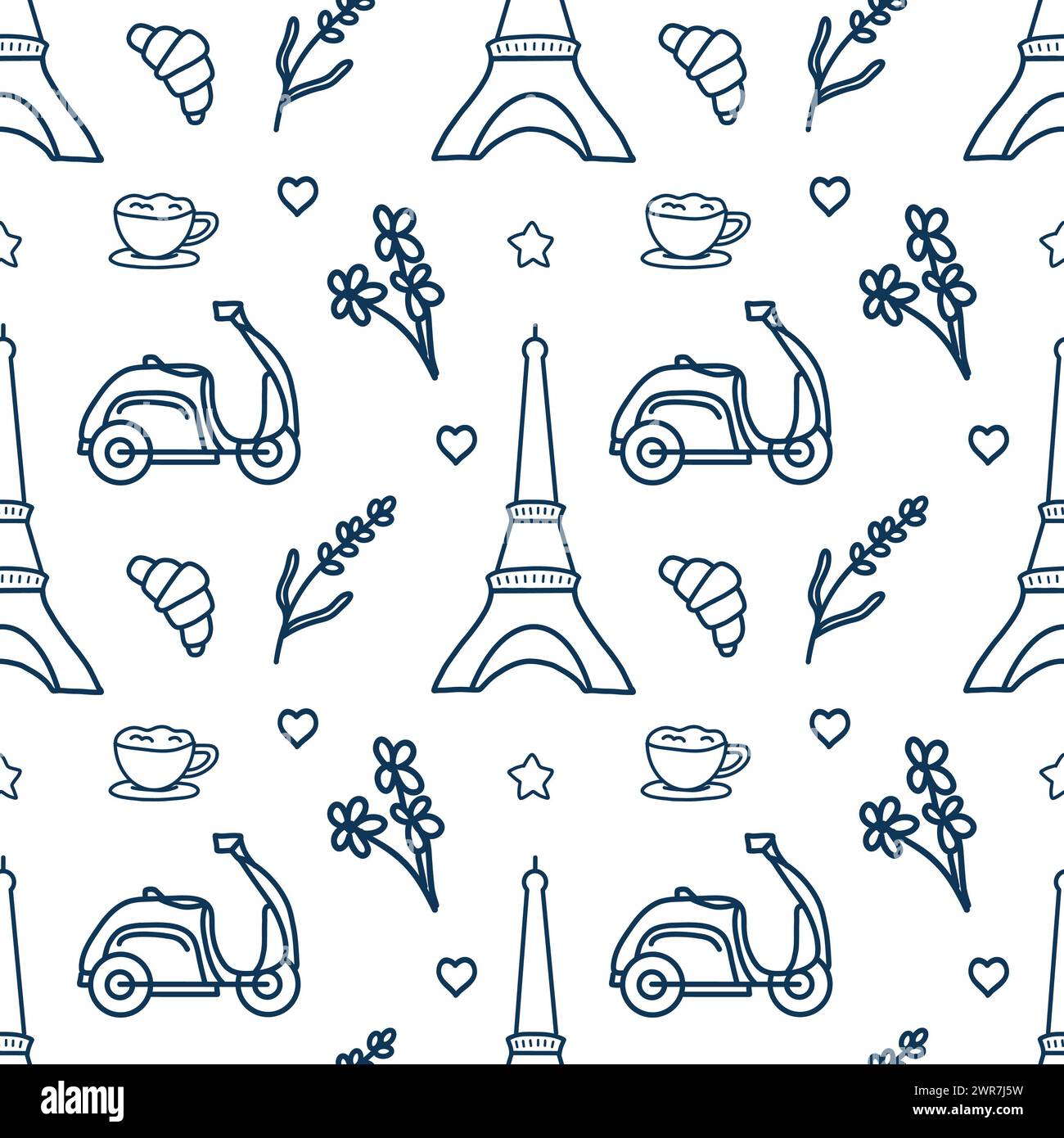 Modèle sans couture de symboles Paris. Illustration vectorielle Doodle Line Art de voyage. Dessiné à la main. Pour fond, carte, invitation, motif, médias sociaux. Banque D'Images