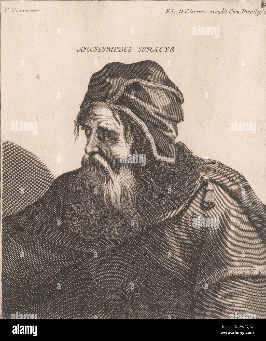 Portrait d'Archimède, Archimède Syracuse. (Titre sur objet), bustes des philosophes et des rois (titre de la série), numérotés en haut à droite : 19., imprimeur : Jerôme David, (attribué à), après conception par : Claude Vignon, éditeur : François Langlois, imprimeur : France, éditeur : Paris, 1615 - 1647, papier, gravure, hauteur 226 mm × largeur 190 mm, impression Banque D'Images