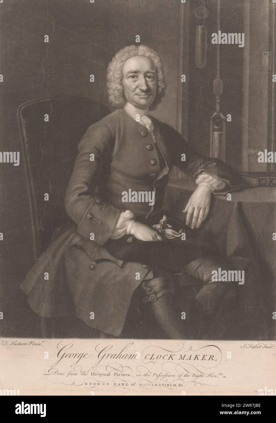 Portrait de George Graham, imprimeur : John Faber (II), après peinture par : Thomas Hudson, 1694 - 1756, papier, gravure, hauteur 353 mm × largeur 251 mm, tirage Banque D'Images