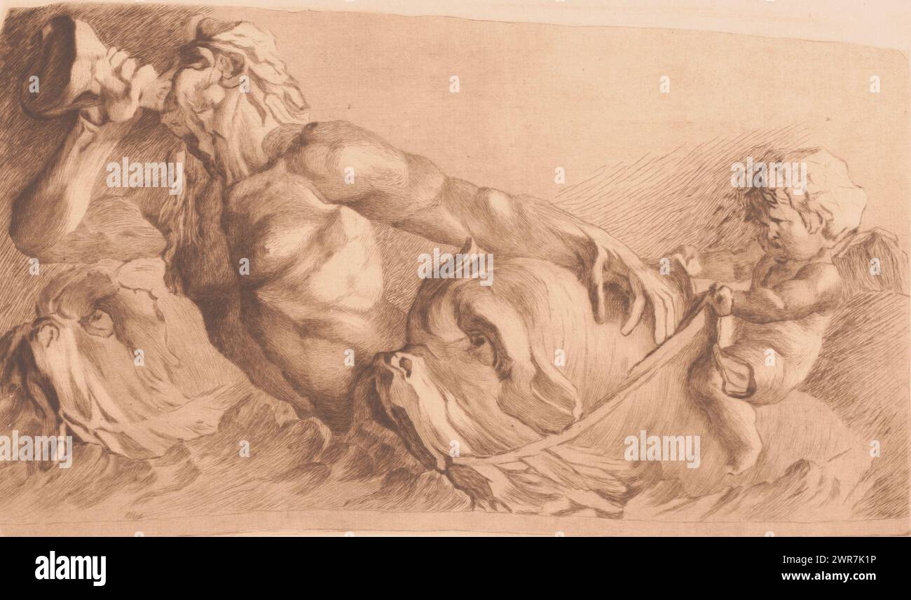 Triton soufflant une conque, imprimeur : Mary Hector Rupert Cantineau, (signé par l'artiste), après conception par : Jean Baptiste Carpeaux, 1885 - dans ou avant 1909, papier, gravure, pointe sèche, hauteur 221 mm × largeur 433 mm, impression Banque D'Images