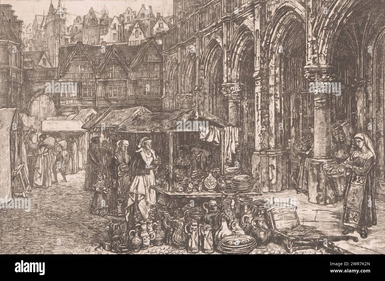 Marché médiéval avec stalle de céramique, imprimeur : Théodore Joseph Cleynhens, 1851 - 1909, papier, gravure, hauteur 276 mm, largeur 352 mm, impression Banque D'Images
