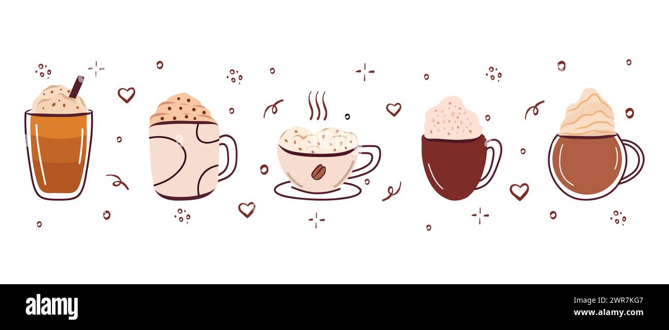 Différents types de café. Mettez la boisson en place. Illustrations vectorielles de tasse à café isolées sur fond blanc. Espresso, americano, cappuccino, tasse à latte, moka, Banque D'Images Différents types de café. Mettez la boisson en place. Illustrations vectorielles de tasse à café isolées sur fond blanc. Espresso, americano, cappuccino, tasse à latte, moka, Banque D'Images