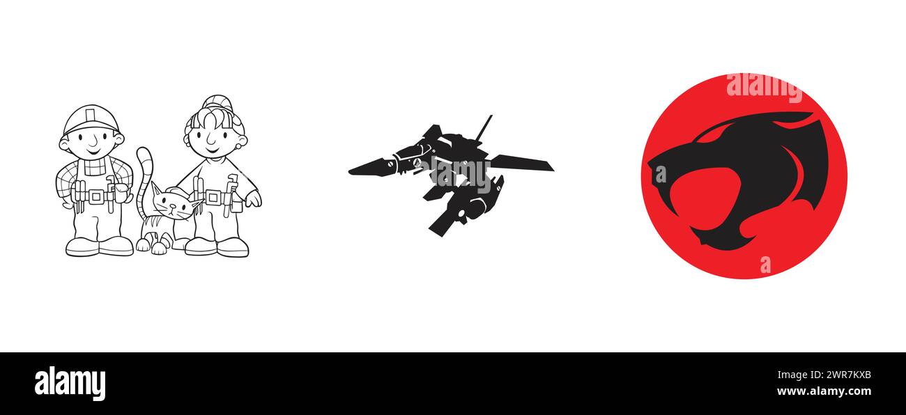 Macross, Bob le bâtisseur, Thundercats. Arts et logo vectoriel de conception sur fond isolé. Illustration de Vecteur