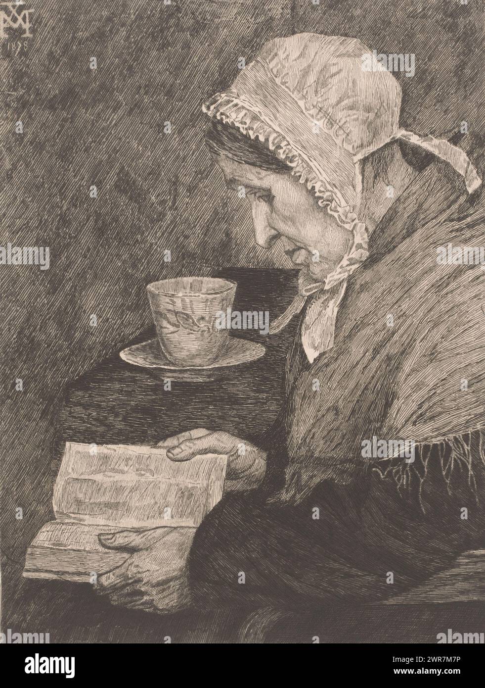 Une vieille femme lit un livre et il y a une tasse de thé sur la table, imprimeur : Joseph Dujardin, (signé par l'artiste), après conception par : Xavier Mellery, 1882, papier, gravure, hauteur 310 mm × largeur 238 mm, impression Banque D'Images
