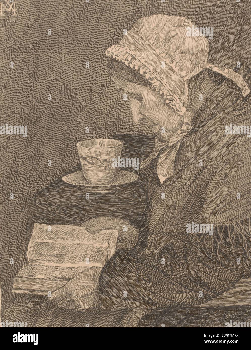 Une vieille femme lit un livre et il y a une tasse de thé sur la table, imprimeur : Joseph Dujardin, (signé par l'artiste), après conception par : Xavier Mellery, 1882, papier, gravure, hauteur 310 mm × largeur 240 mm, impression Banque D'Images