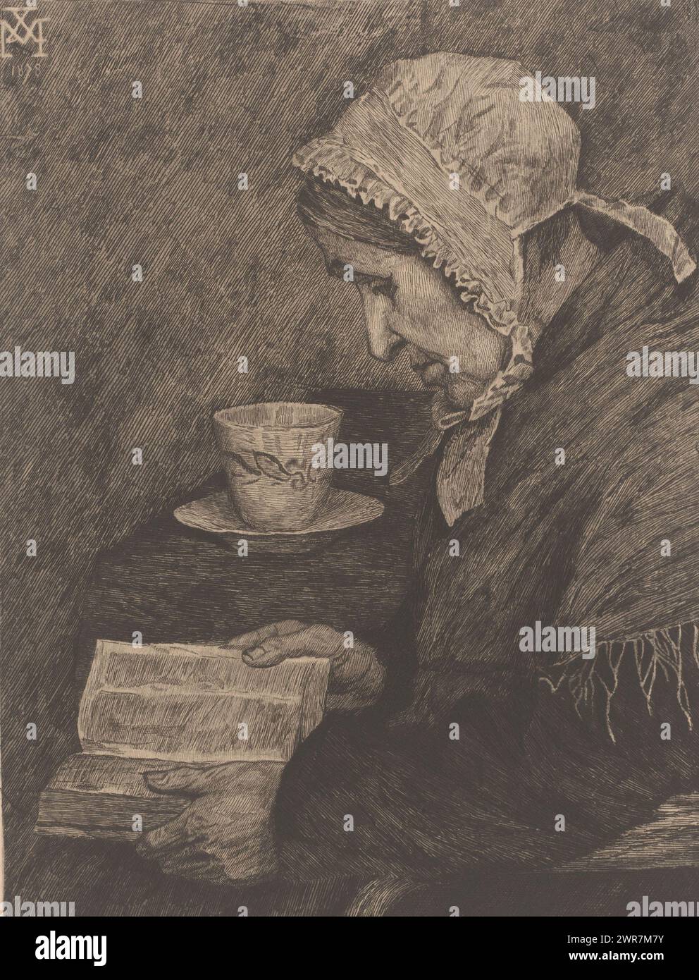 Une vieille femme lit un livre et il y a une tasse de thé sur la table, imprimeur : Joseph Dujardin, (signé par l'artiste), après conception par : Xavier Mellery, 1882, papier, gravure, hauteur 310 mm × largeur 238 mm, impression Banque D'Images