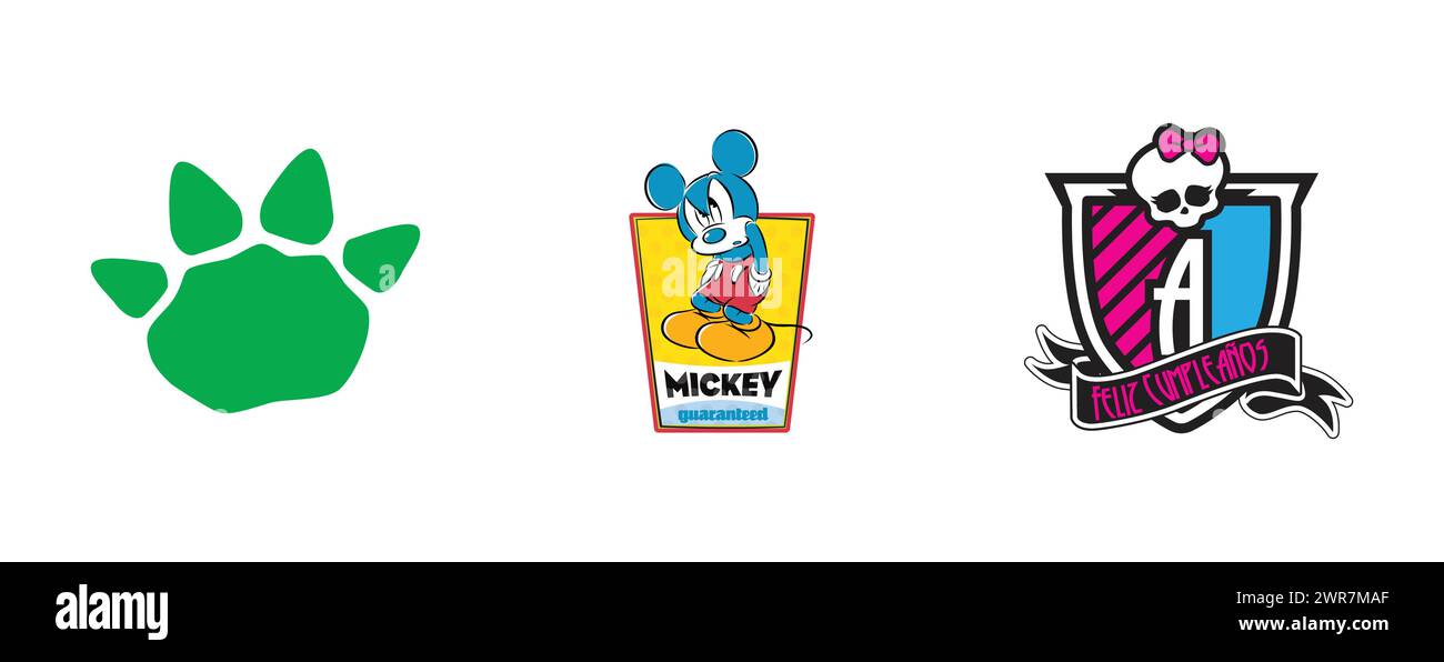 Monster High Feliz Cumpleaños, Camaleao, Mickey Mouse. Arts et logo vectoriel de conception sur fond isolé. Illustration de Vecteur