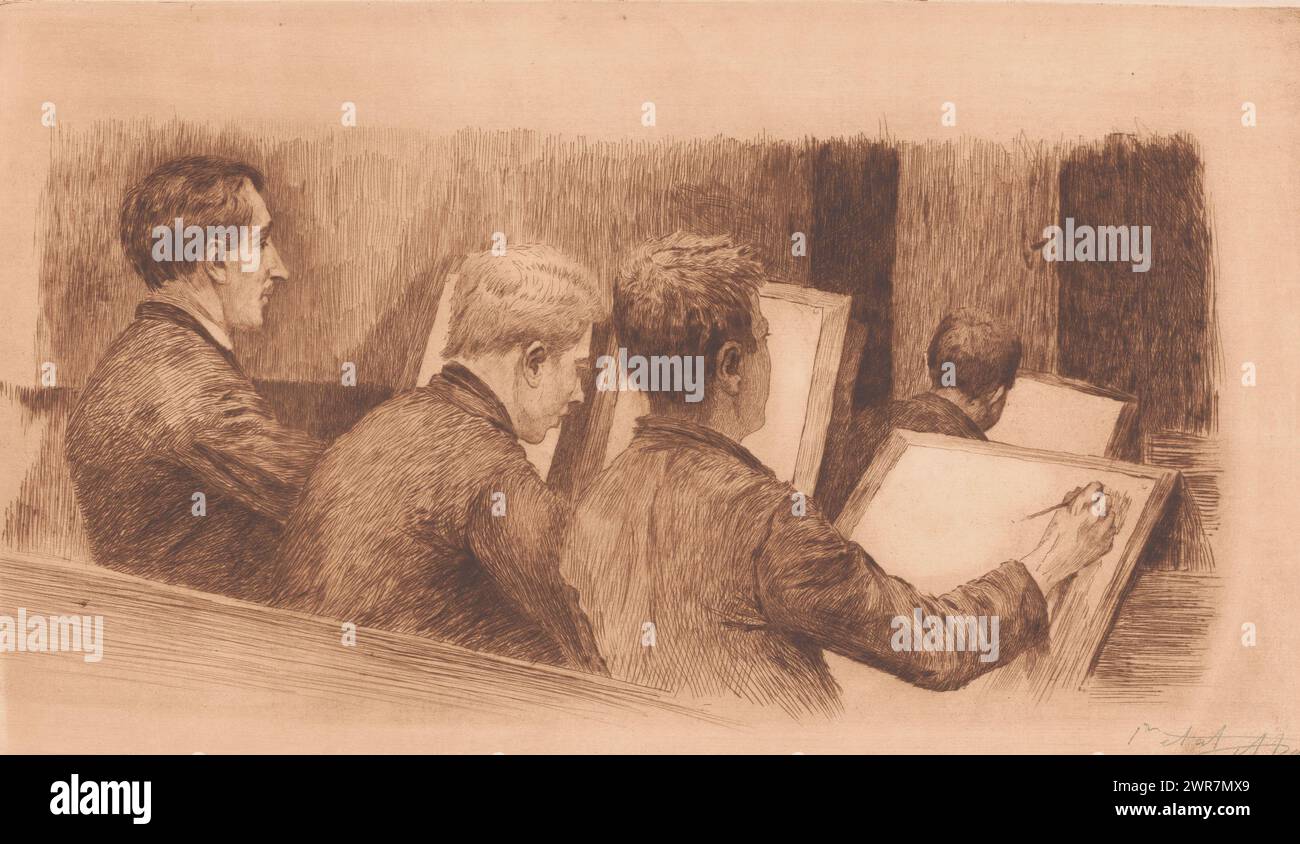 Cours à l'école de dessin, imprimeur : Auguste danse, (signé par l'artiste), Belgique, 1895, papier, pointe sèche, hauteur 300 mm × largeur 550 mm, impression Banque D'Images
