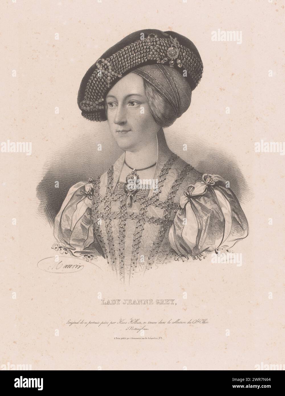 Portrait de Lady Jane Grey, Lady Jeanne Gray (titre sur objet), imprimeur : Nicolas Maurin, après peinture par : Hans Holbein (II), imprimeur : François Jean Villain, Paris, v. 1826 - 1838, papier, hauteur 545 mm × largeur 360 mm, tirage Banque D'Images