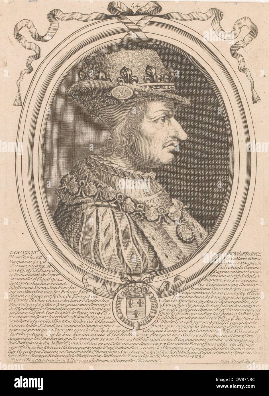 Portrait de Louis XI, roi de France, Louys XI Roy de France (titre sur objet), portraits de personnalités éminentes (titre de la série), numérotés en haut au centre : 54., imprimeur : Nicolas de Larmessin (I), éditeur : Pierre Bertrand, Lodewijk XIV (koning van Frankrijk), éditeur : Paris, France, 1642 - 1678, papier, gravure, gravure, hauteur 227 mm × largeur 162 mm, impression Banque D'Images