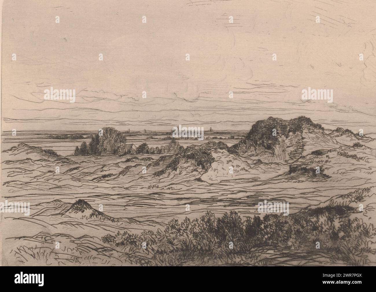 Dunes près de Nieuwpoort, imprimeur : Jules Marie Armand Goethals, (attribué à), 1854 - 1879, papier, gravure, pointe sèche, hauteur 233 mm × largeur 300 mm, impression Banque D'Images